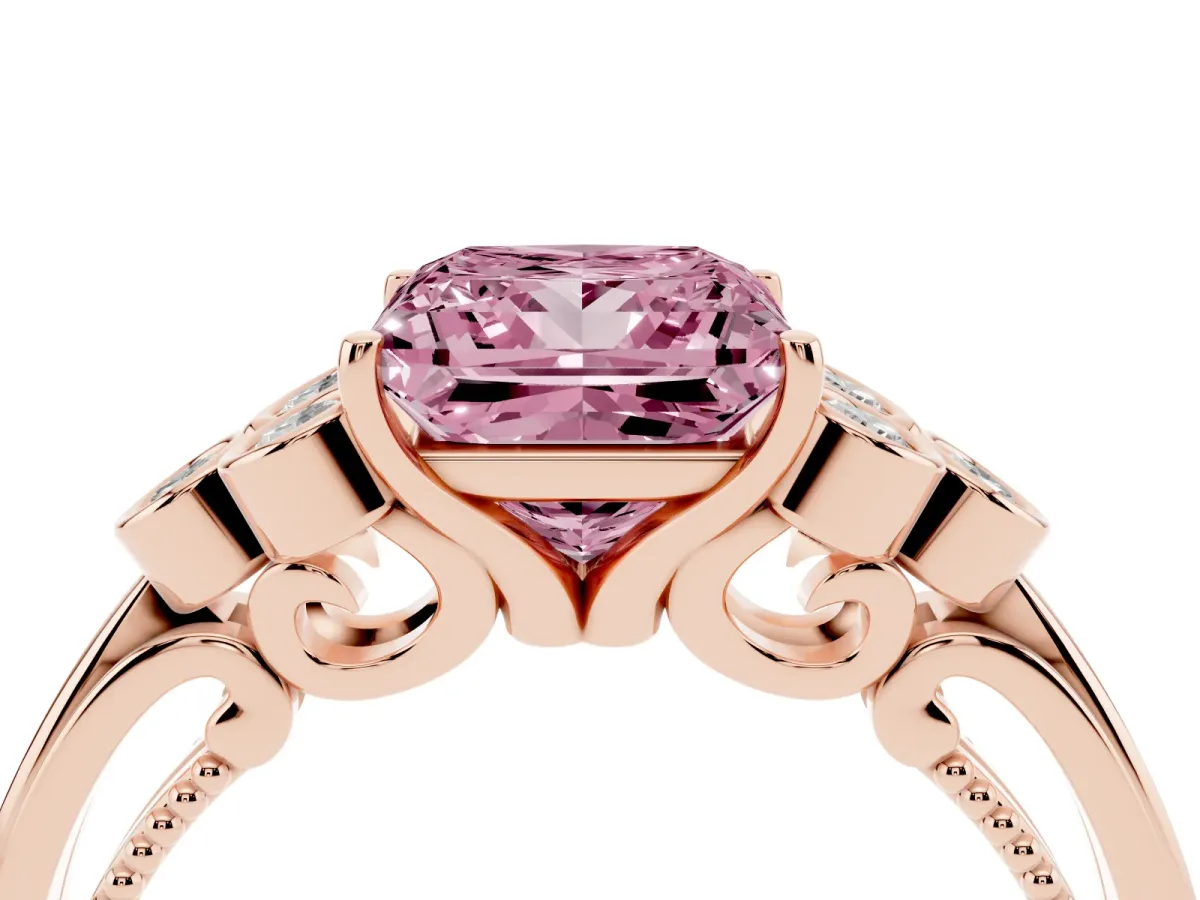 Fancy Pink Princess Cut Cut Diamond Engagement Ring with Bezel Set Round Side Stones and Prong Setting Rose gold