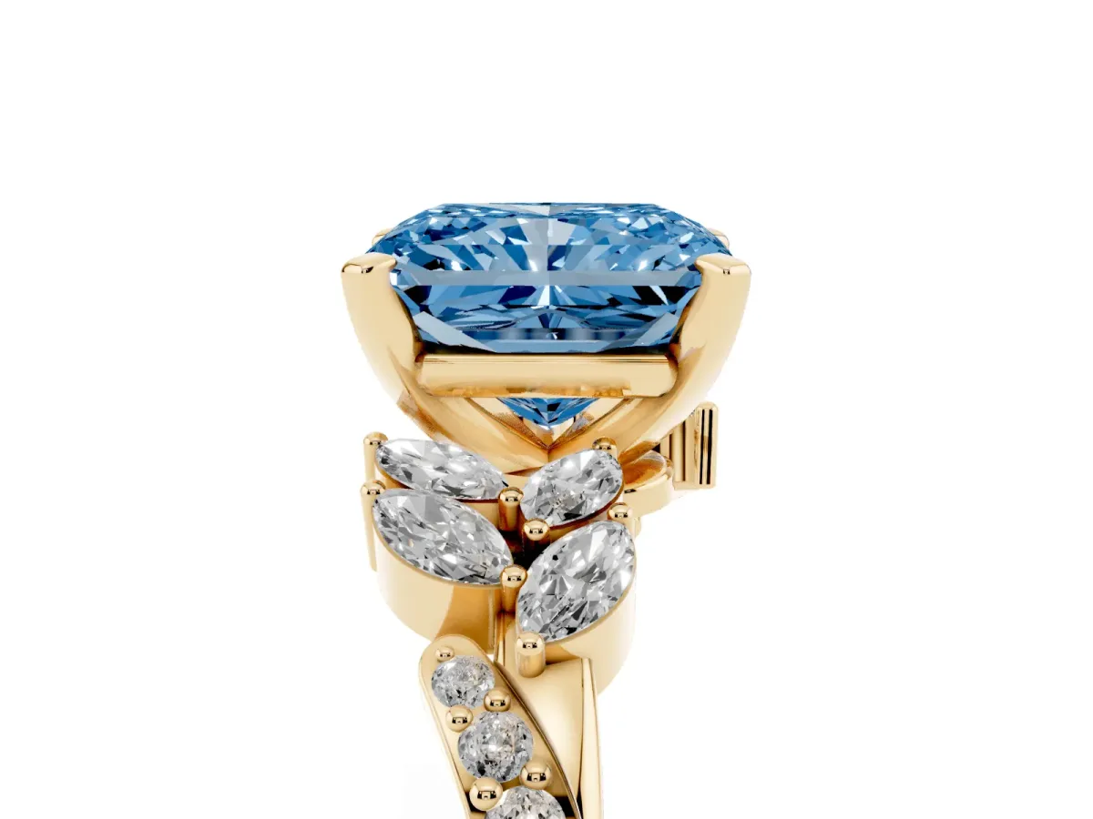 Fancy Blue Radiant Cut Solitaire Marquise Twist Band with Six-Prong Setting Yellow gold