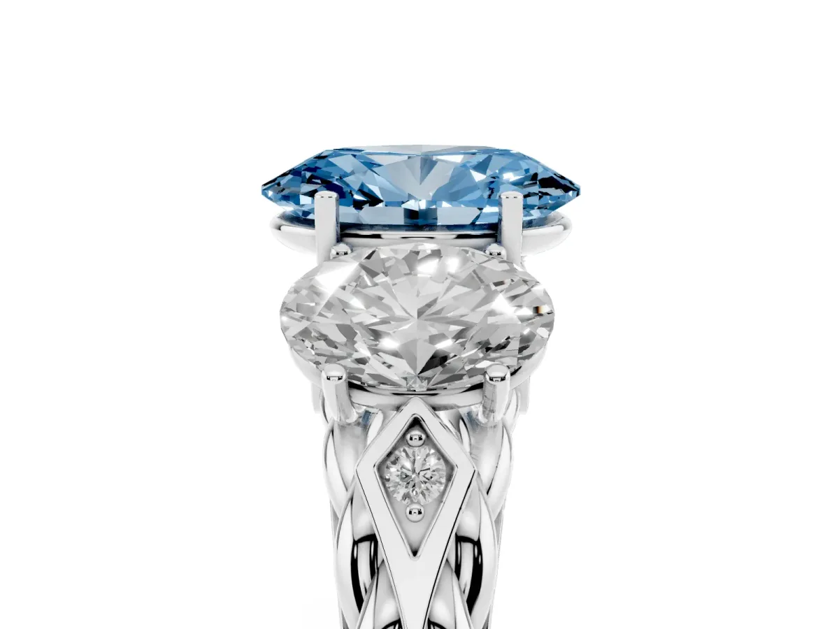 Fancy Blue Three-Stone Oval Cut Diamond Braided Band Ring with Four-Prong Setting Platinum