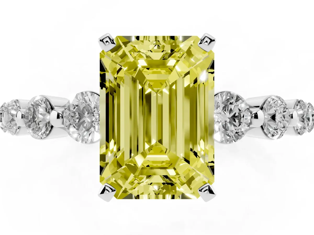 Fancy Yellow Emerald Cut Solitaire Diamond Ring with Pave Band and Four-Prong Setting Silver