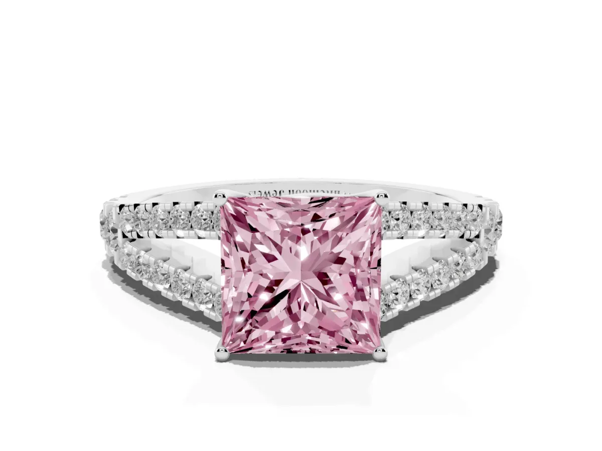 Fancy Pink Princess Cut Diamond Split Shank Pavé Engagement Ring with Four-Prong Setting Silver