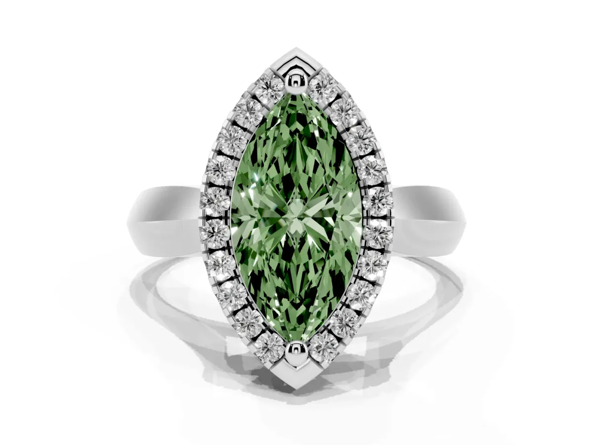 Fancy Green Marquise Cut Cut Halo Solitaire Engagement Ring with Square Band and Four-Prong Setting White gold
