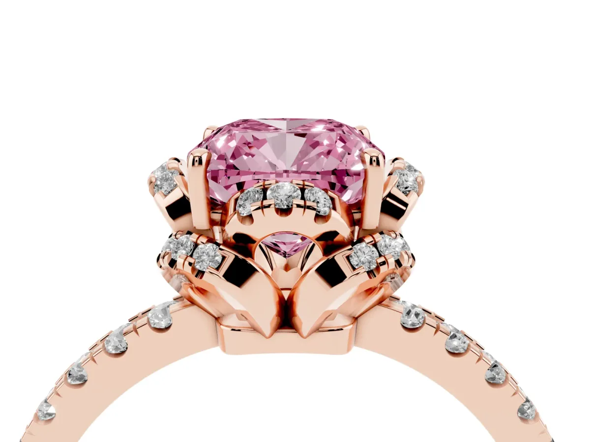 Fancy Pink Cushion Cut Diamond Halo Pave Band with Four-Prong Setting Rose gold