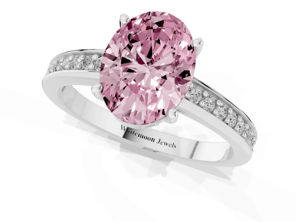 Fancy Pink Oval Cut Solitaire Pavé Band Prong Setting Ring Silver