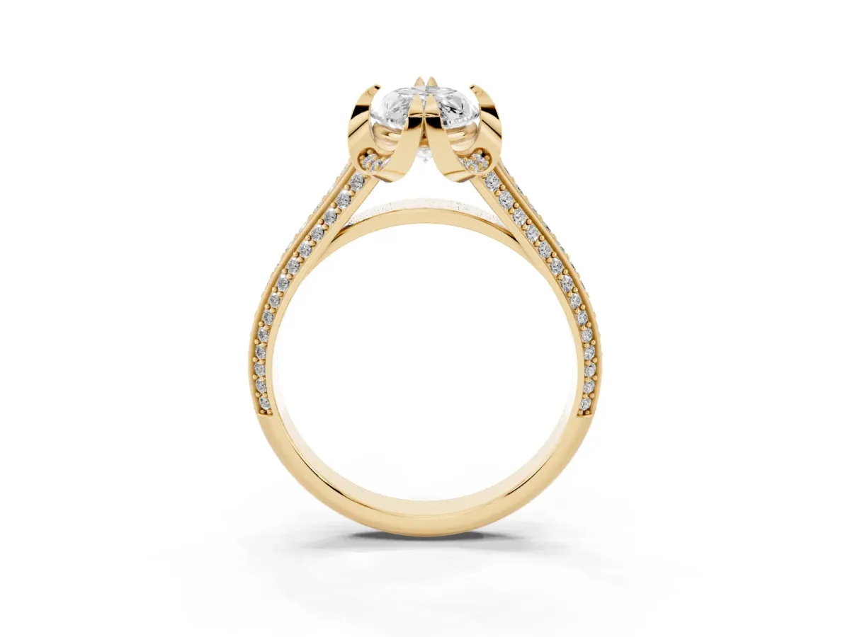 Marquise Cut Solitaire Pave Split Shank Ring with Four-Prong Setting Yellow gold