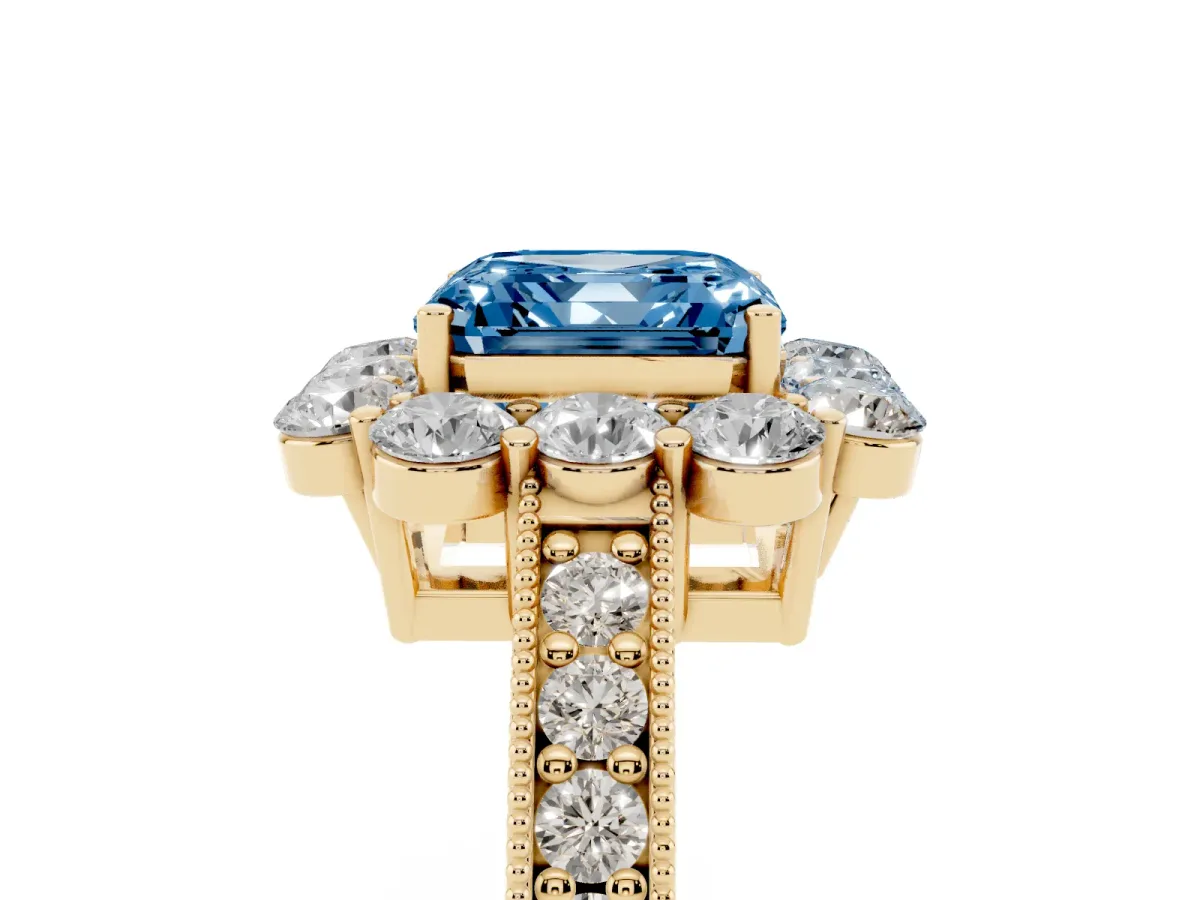 Fancy Blue Asscher Cut Cut Halo Diamond Pavé Engagement Ring with Milgrain Detailing Yellow gold