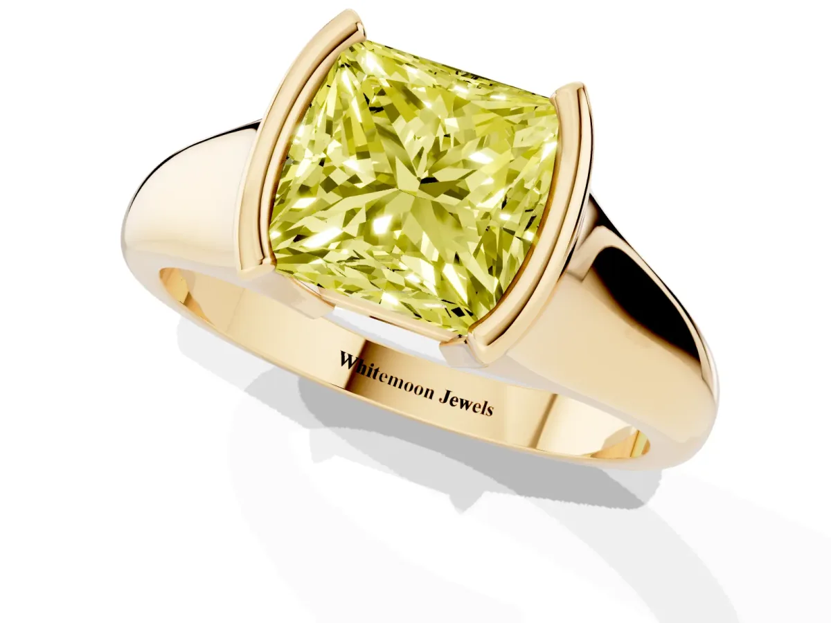 Fancy Yellow Princess Cut Solitaire Tension Set Diamond Ring with Split Shank Band Yellow gold