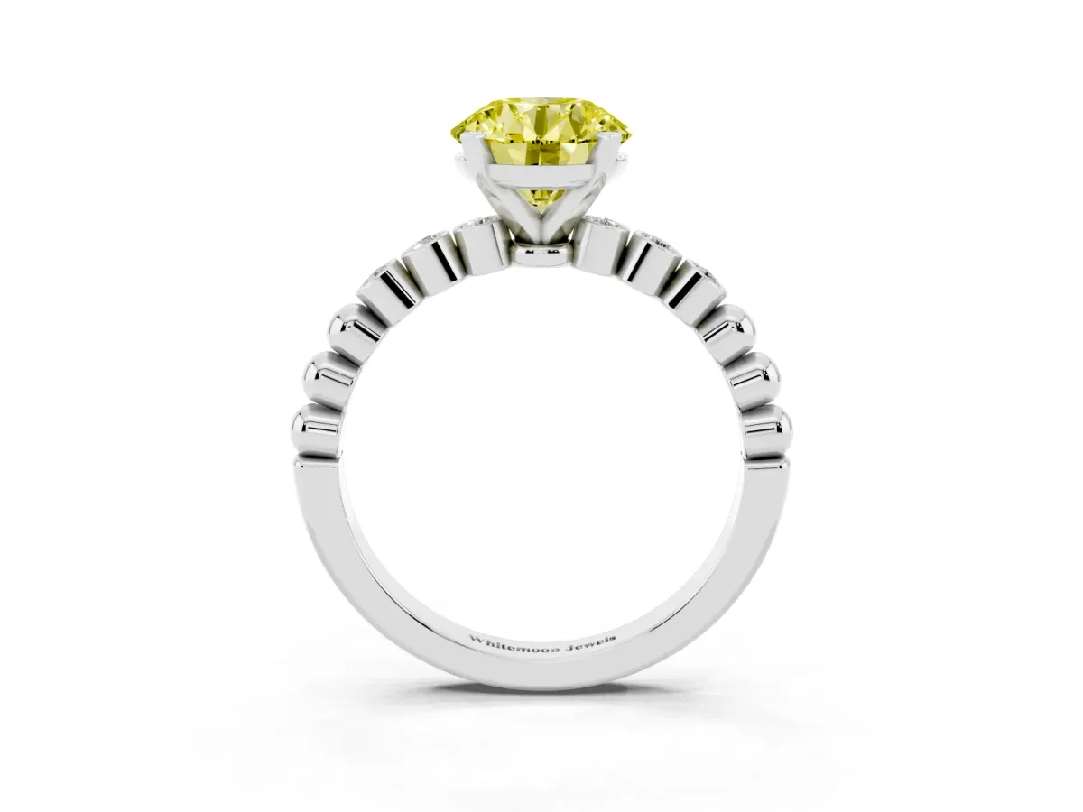 Fancy Yellow Round Cut Solitaire Bezel Accent Diamond Engagement Ring with Beaded Band and Four-Prong Setting Silver