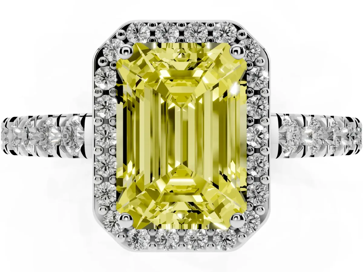 Fancy Yellow Emerald Cut Cut Halo Diamond Engagement Ring with Pave Band and Four-Prong Setting Platinum