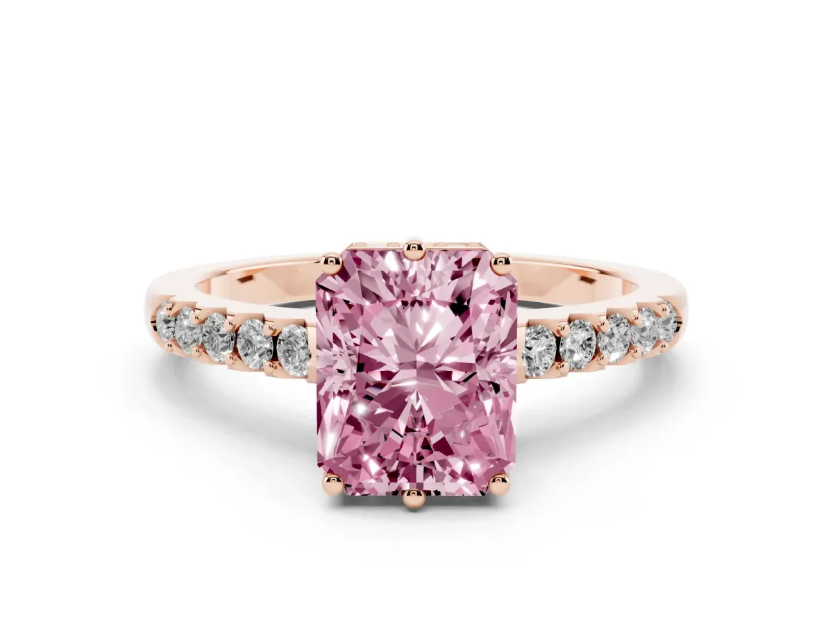 Fancy Pink Radiant Cut Solitaire Diamond Engagement Ring with Pavé Band and Six-Prong Setting Rose gold