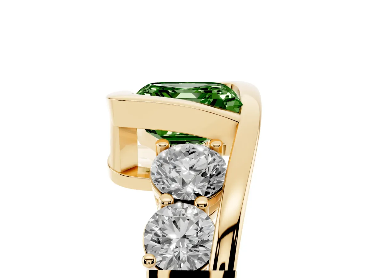 Fancy Green Bezel Set Asscher Cut Diamond Bypass Ring with Round Accents Yellow gold