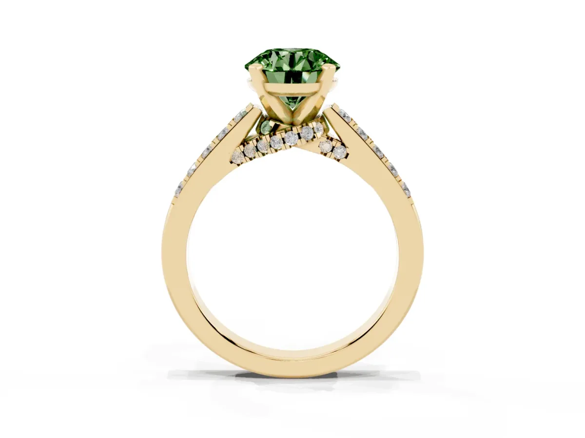 Fancy Green Round Cut Diamond Solitaire Ring with Crossover Gallery and Round Pavé Band Yellow gold