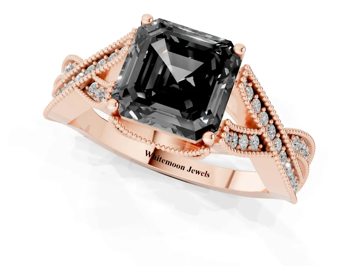 Fancy Black Asscher Cut Cut Diamond Twisted Band with Milgrain Pave Setting and Four-Prong Setting Rose gold