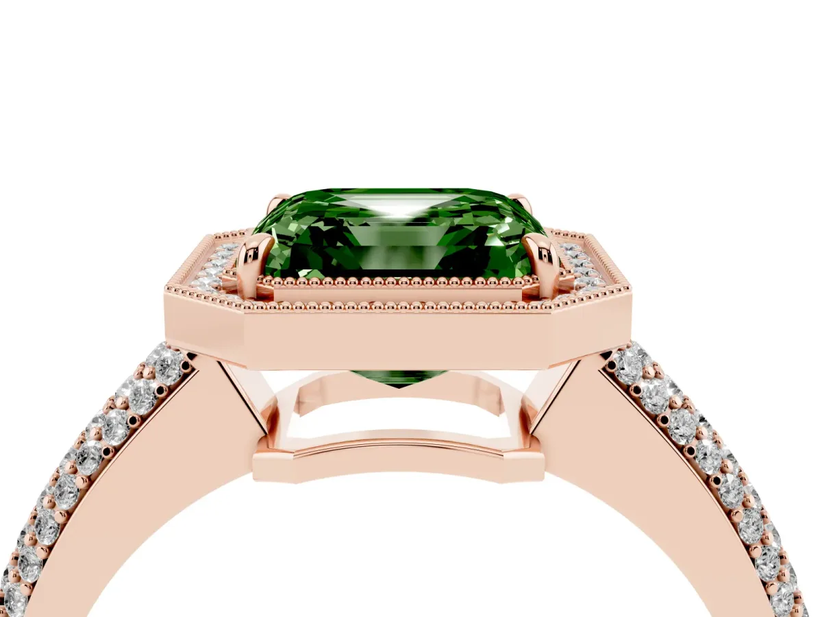 Fancy Green Asscher Cut Cut Halo Diamond Pave Band with Four-Prong Setting Rose gold