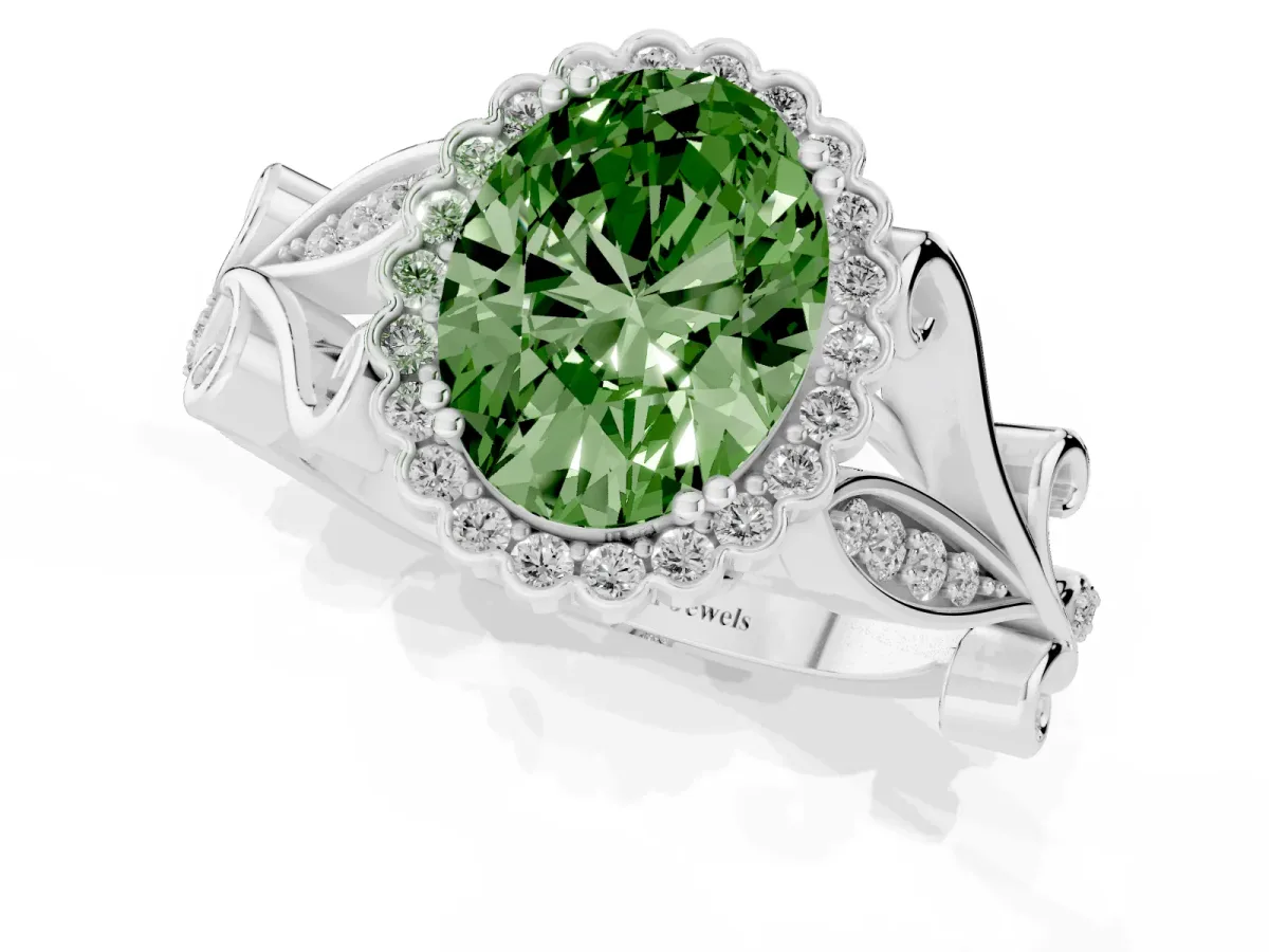 Fancy Green Oval Cut Diamond Halo Ring with Vintage Split Shank and Four-Prong Setting Silver