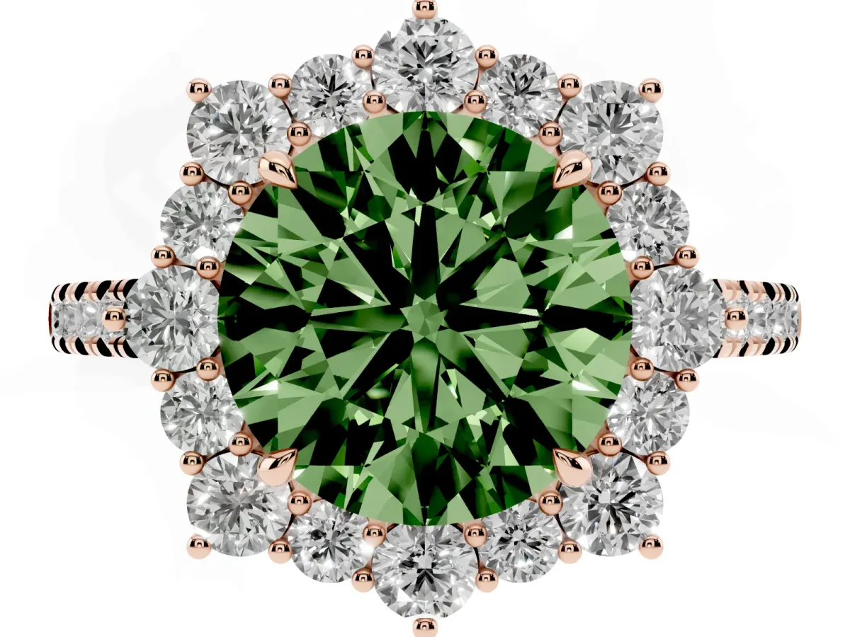 Fancy Green Round Cut Halo Diamond Ring with Pavé Band and Prong Setting Rose gold