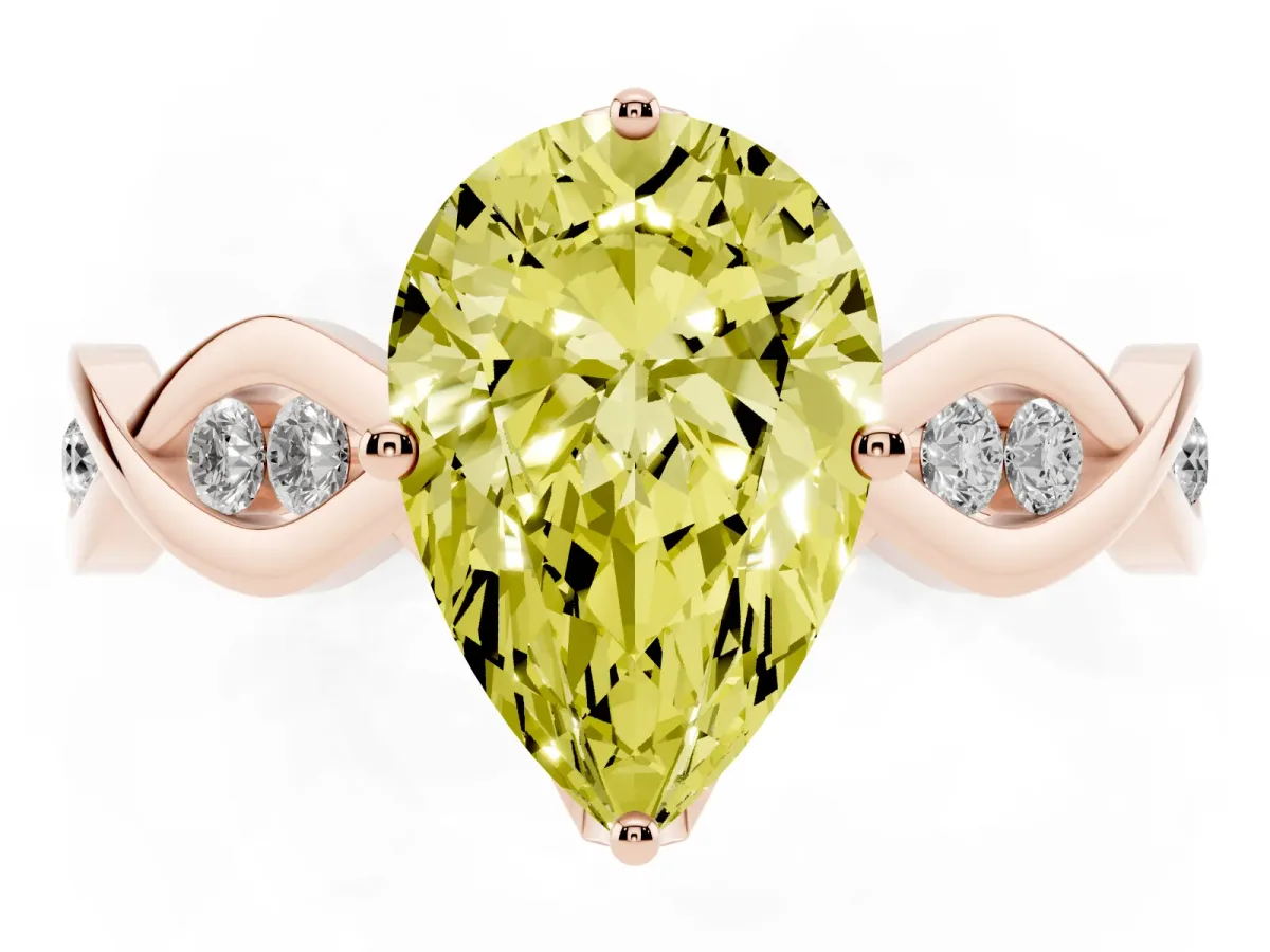 Fancy Yellow Pear Cut Solitaire Twist Band with Leaf Prong Setting Rose gold