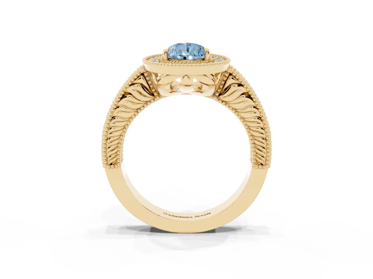 Fancy Blue Pear Cut Cut Halo Diamond Ring with Pavé Band and Four-Prong Setting Yellow gold
