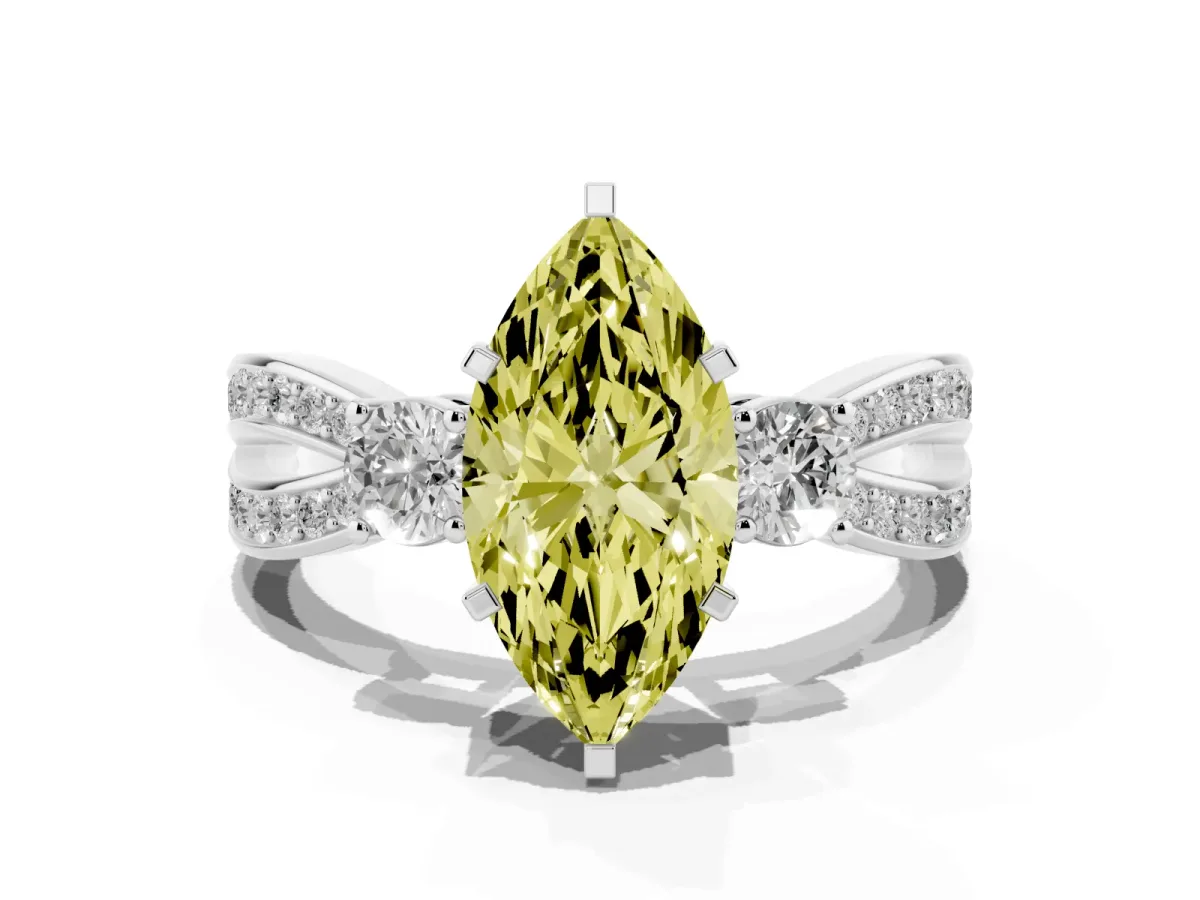 Fancy Yellow Three-Stone Marquise Cut Cut Diamond Twist Band with Prong Setting Platinum