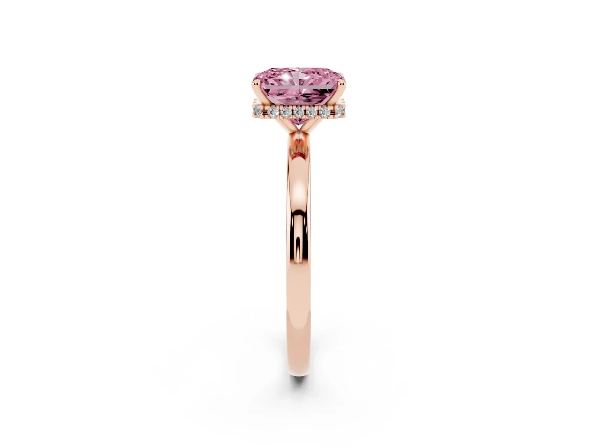 Fancy Pink Radiant Cut Solitaire Engagement Ring with Cathedral Band and Four-Prong Setting Rose gold