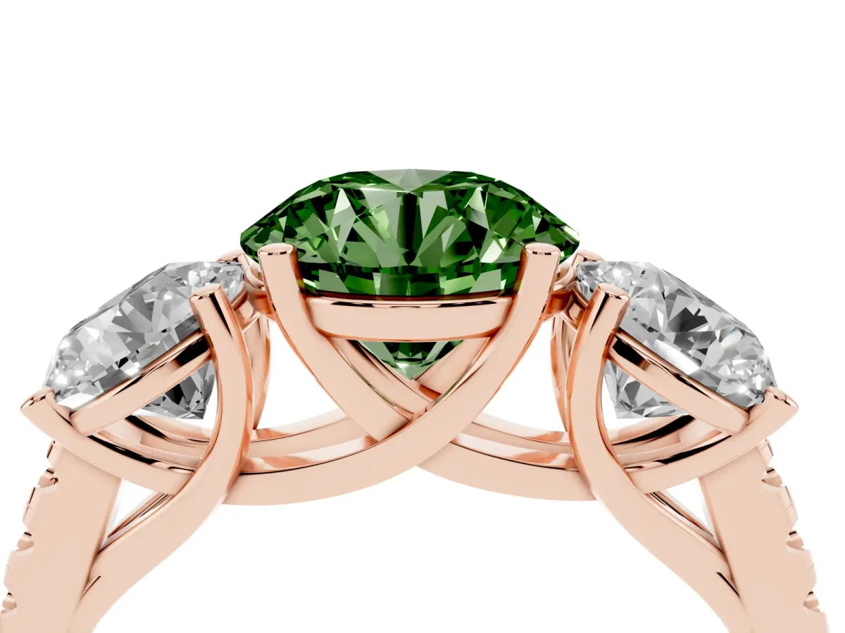 Fancy Green Three-Stone Round Cut Diamond Ring with Round Pavé Band and Prong Setting Rose gold