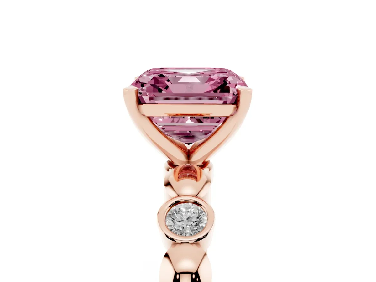 Fancy Pink Asscher Cut Solitaire Bezel-Set Diamond Ring with Beaded Band and Four-Prong Setting Rose gold