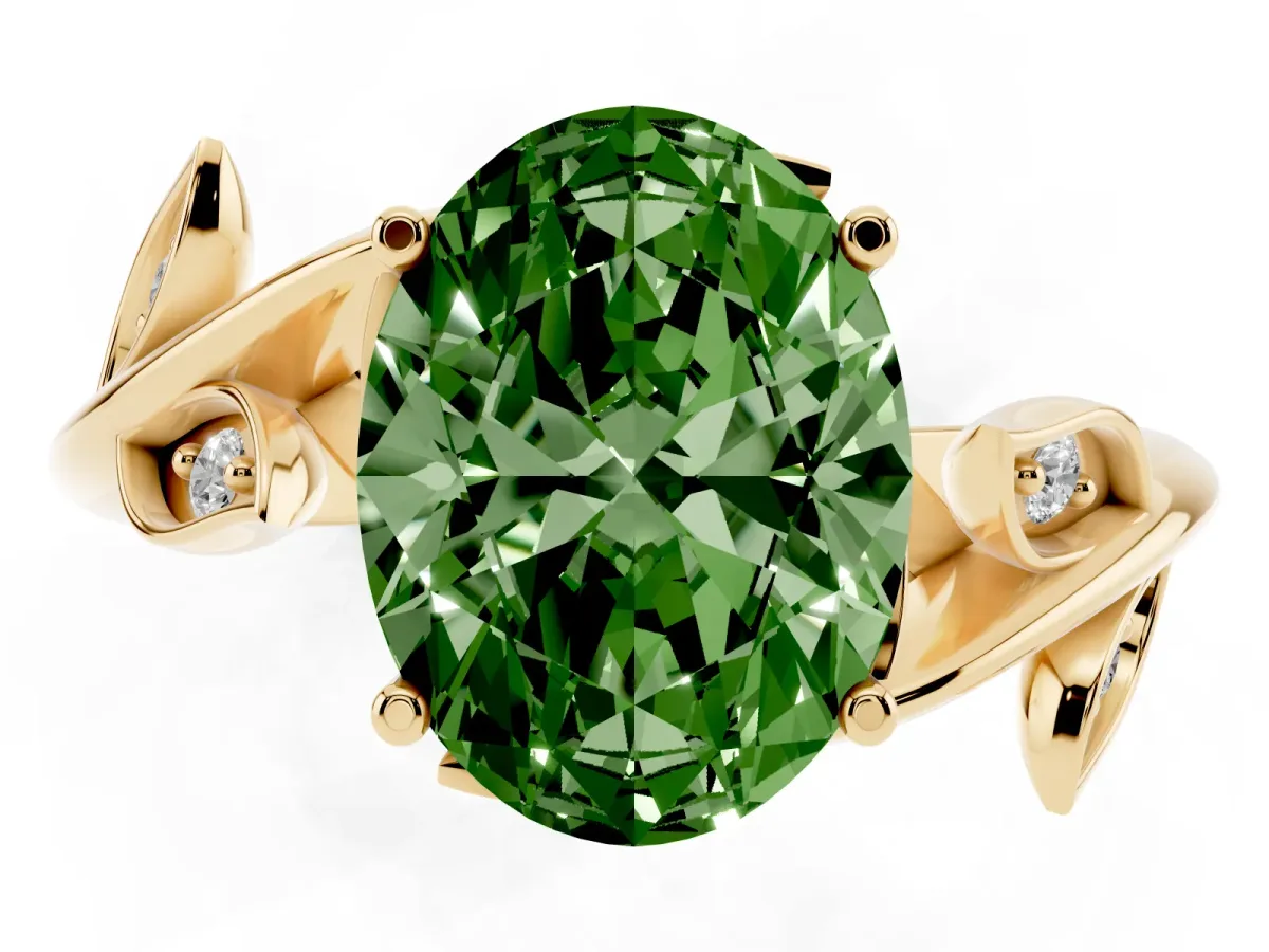 Fancy Green Oval Cut Solitaire Twist Engagement Ring with Leaf Accents and Prong Setting Yellow gold