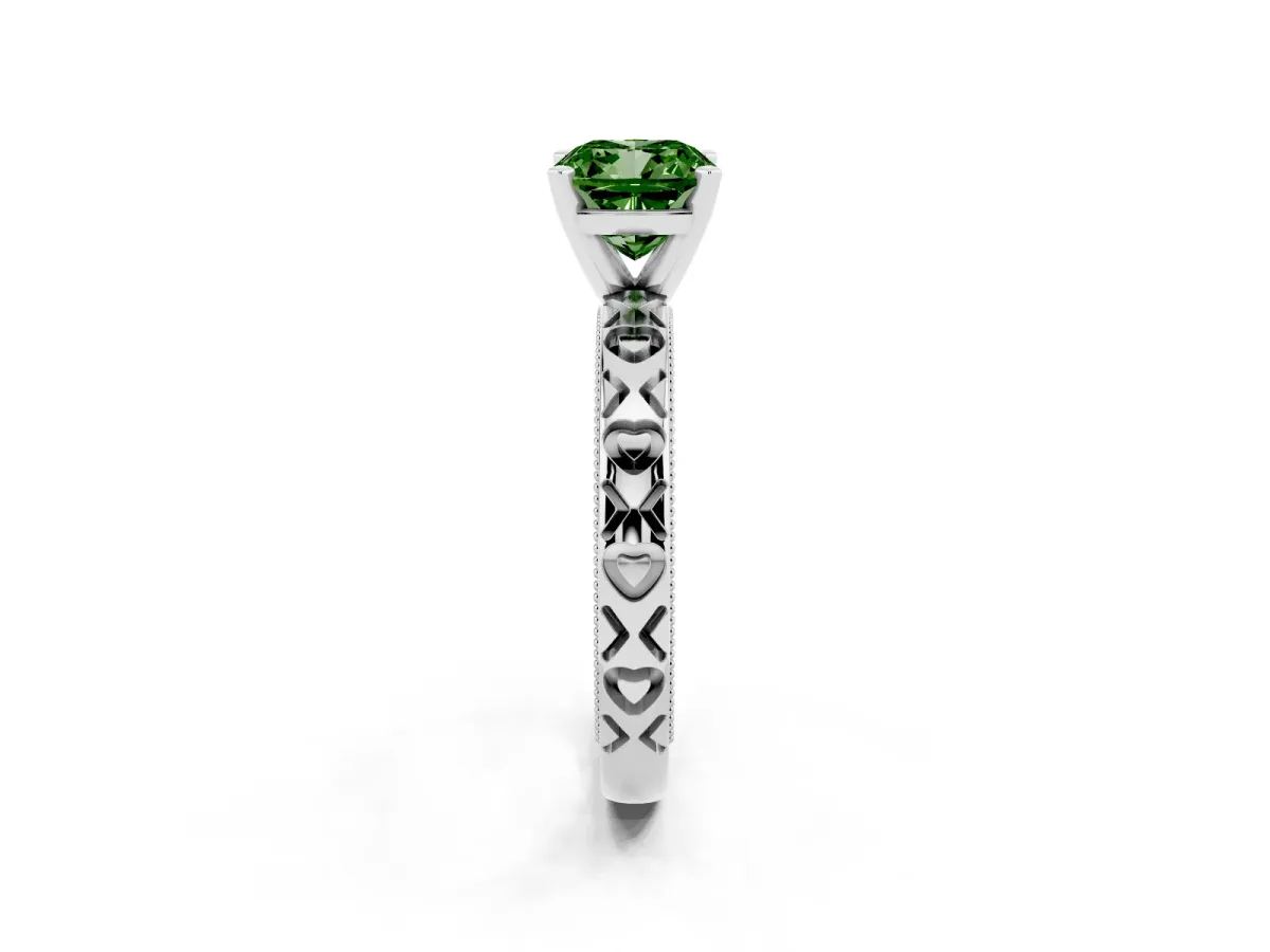 Fancy Green Cushion Cut Solitaire Diamond Engagement Ring with XO Engraved Band and Four-Prong Setting Platinum