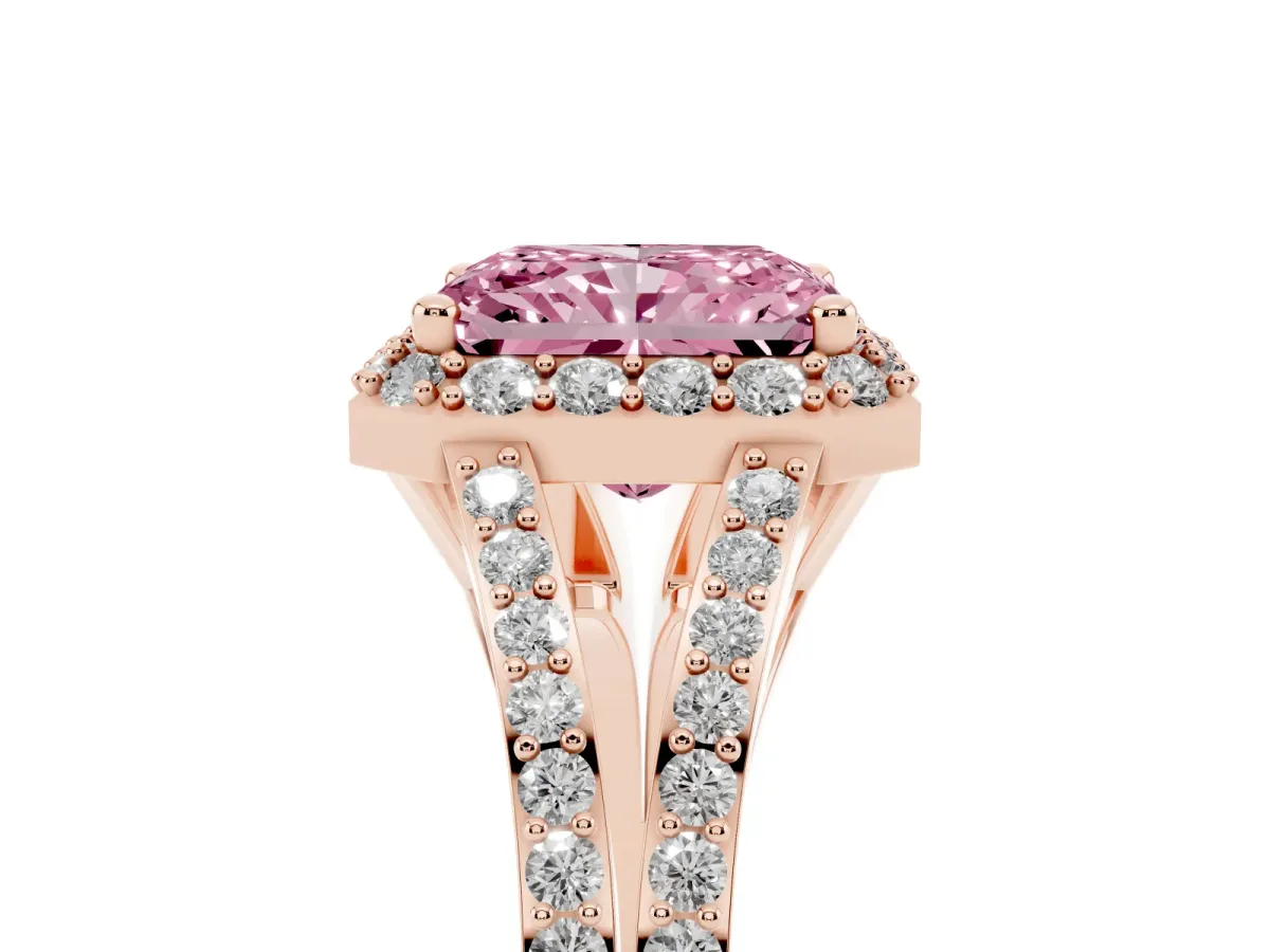 Fancy Pink Radiant Cut Halo Split Shank Diamond Ring with Prong Setting Rose gold