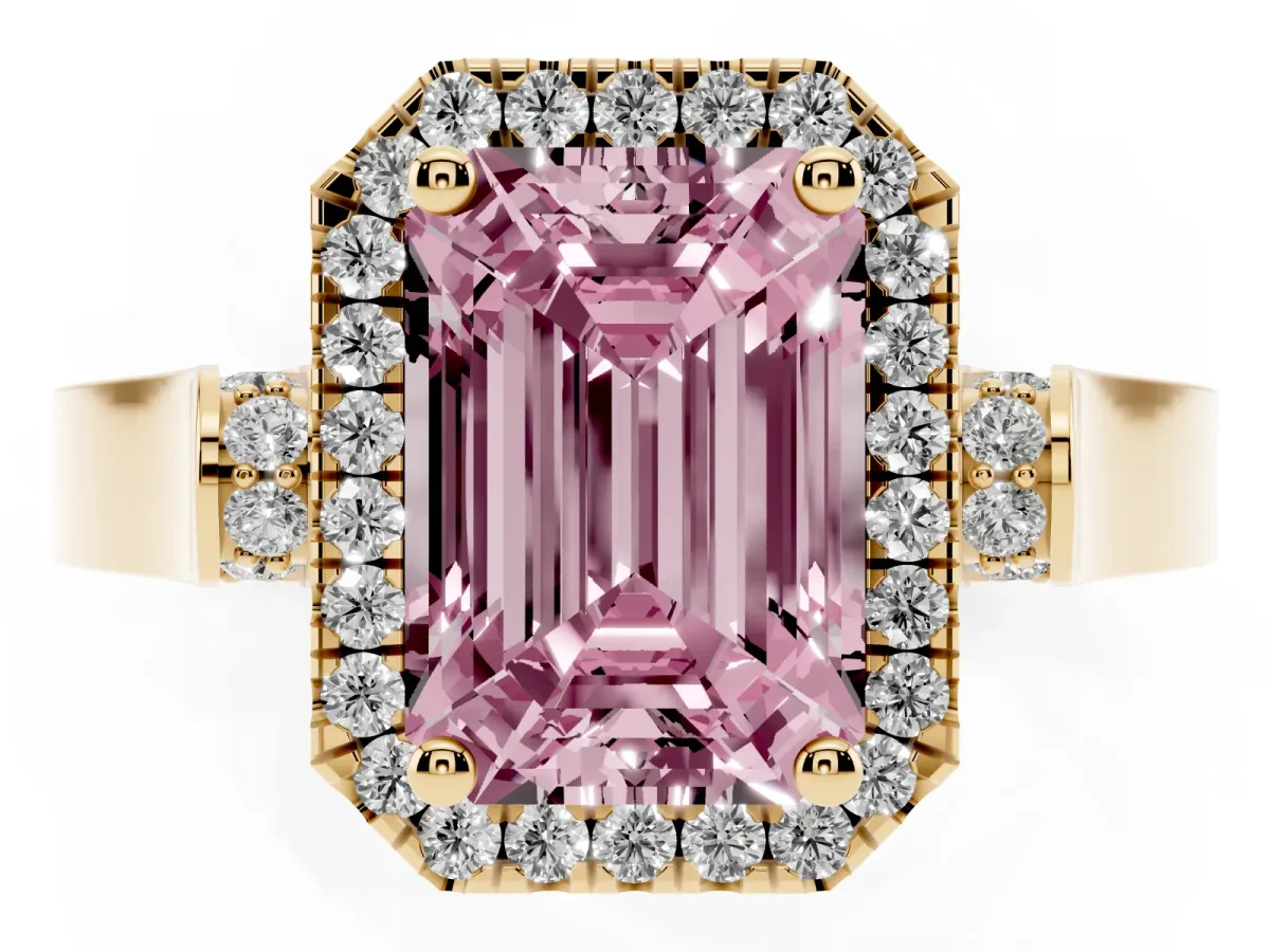 Fancy Pink Emerald Cut Halo Round Diamond Twist Band with Four-Prong Setting Yellow gold
