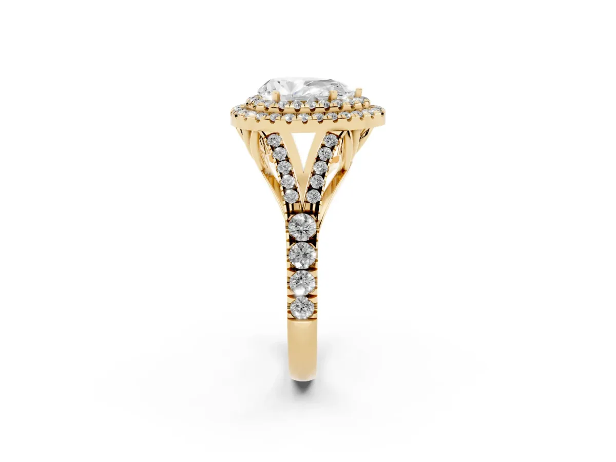 Double Halo Pear Cut Diamond Split Shank Engagement Ring with Four-Prong Setting Yellow gold