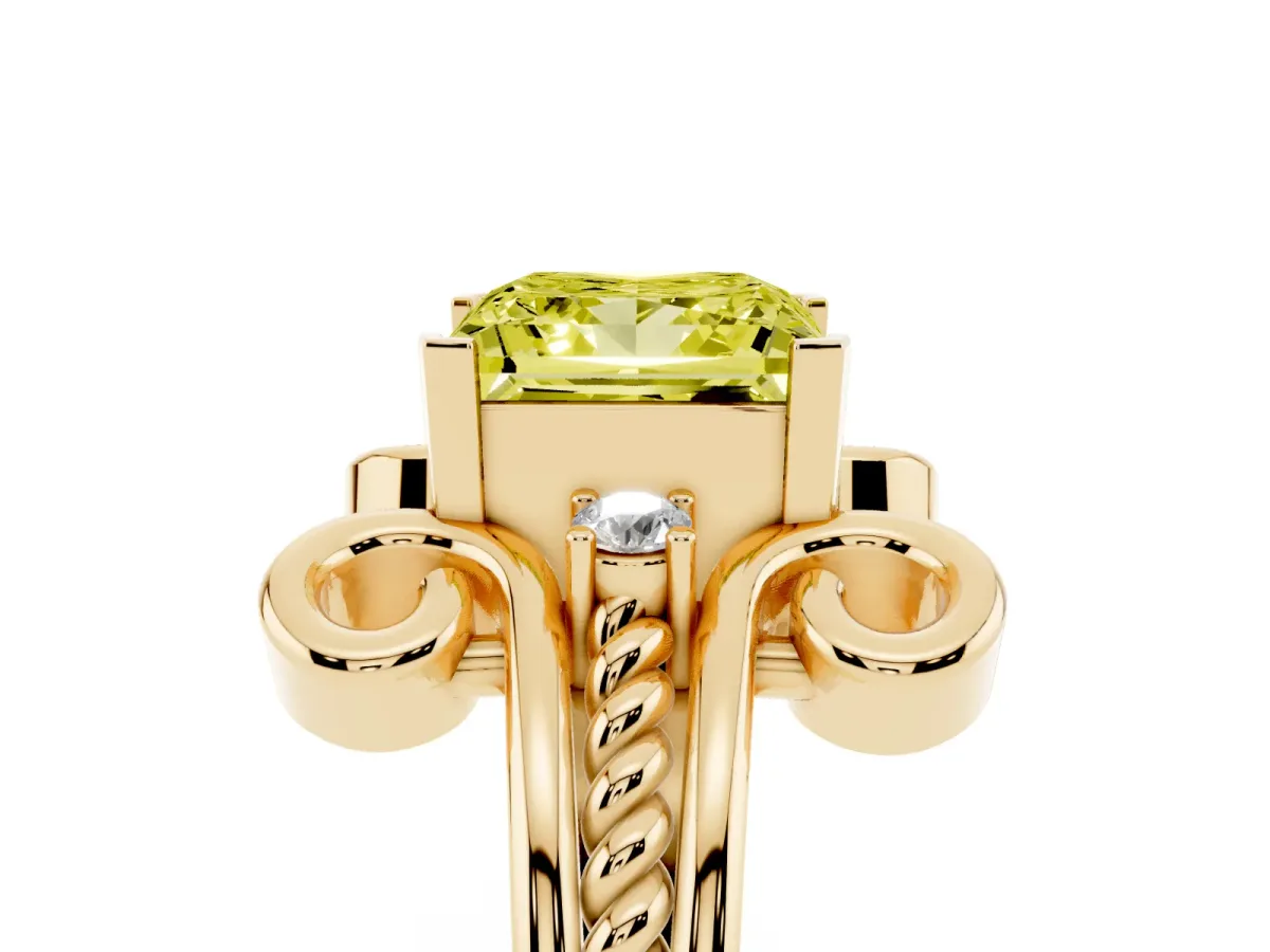 Fancy Yellow Princess Cut Solitaire Twisted Band Scroll Prong Ring Yellow gold