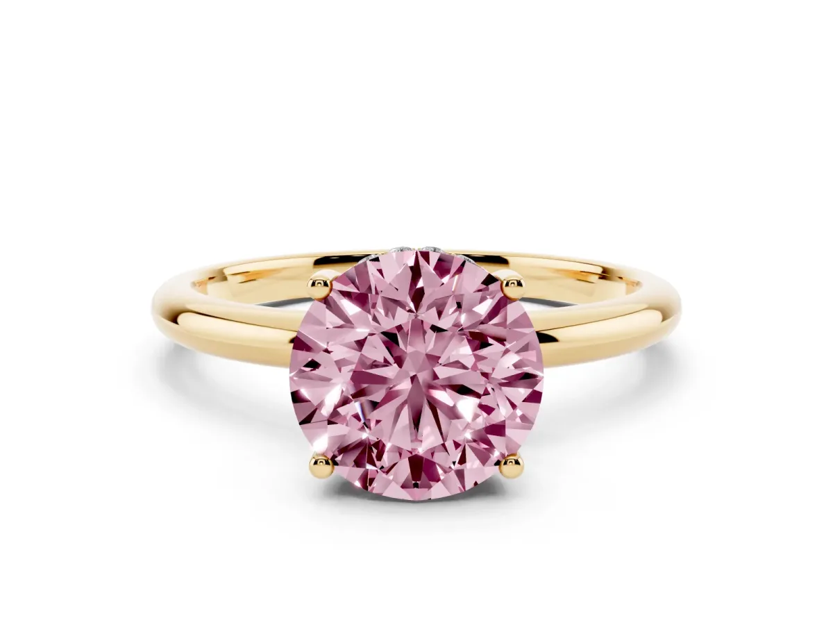 Fancy Pink Round Cut Cut Solitaire Engagement Ring with Four-Prong Setting and Classic Band Yellow gold