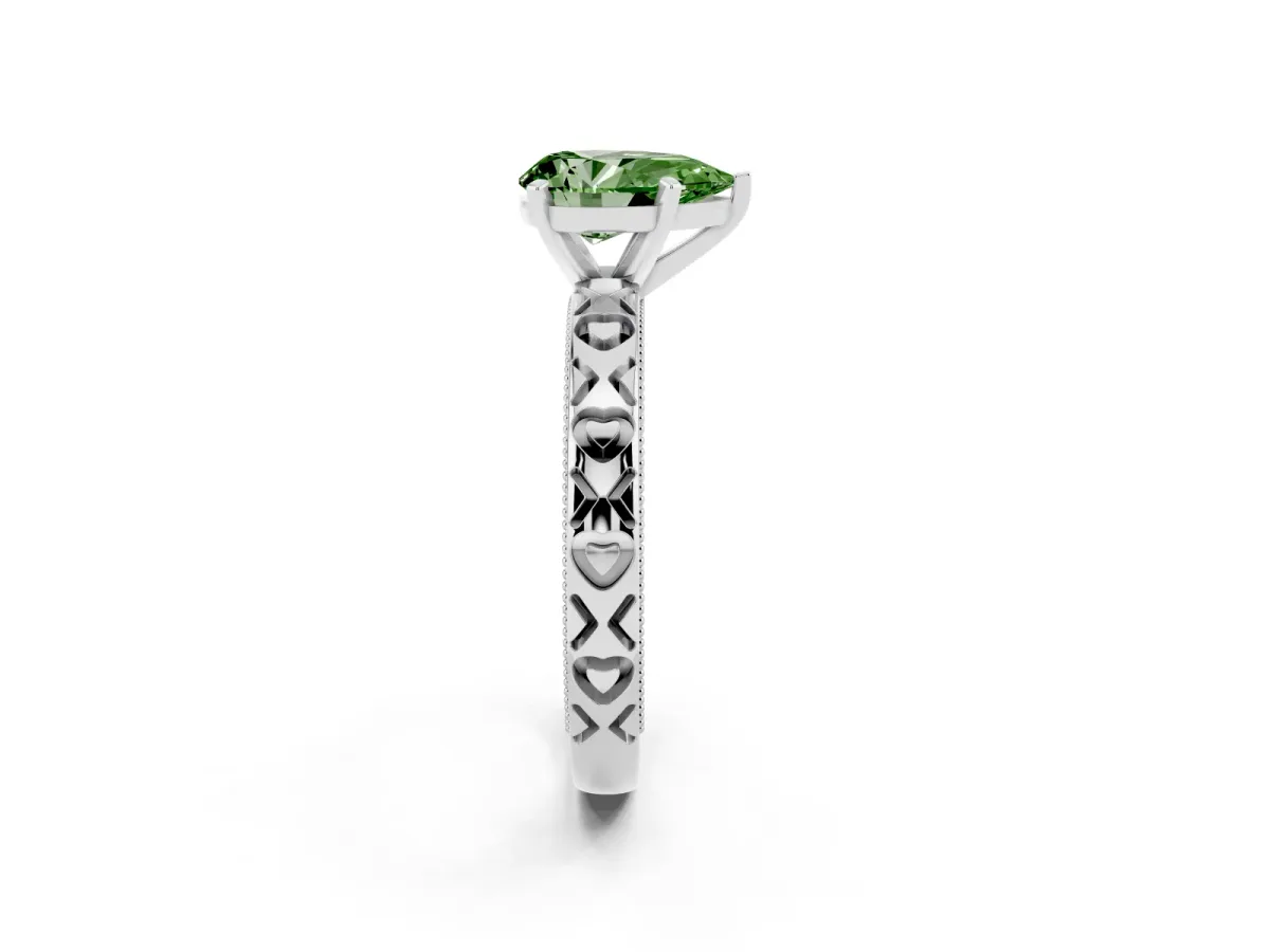Fancy Green Pear Cut Solitaire Diamond Engagement Ring with XO Engraved Band and Four-Prong Setting Platinum