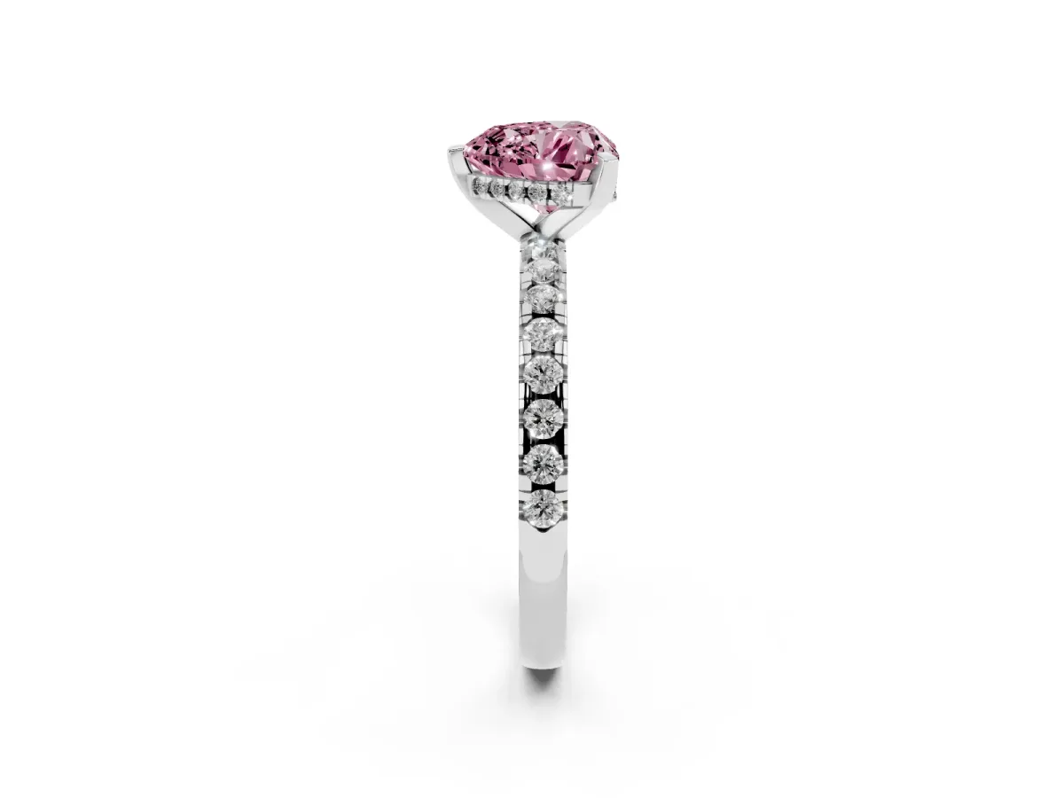 Fancy Pink Heart Cut Diamond Solitaire Ring with Round Pavé Band and Four-Prong Setting Platinum
