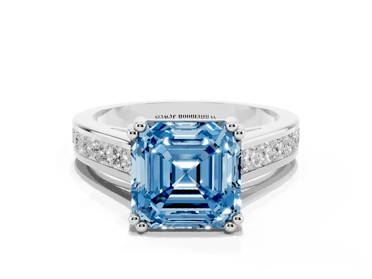 Fancy Blue Asscher Cut Cut Channel Set Solitaire Engagement Ring with Prong Setting Silver
