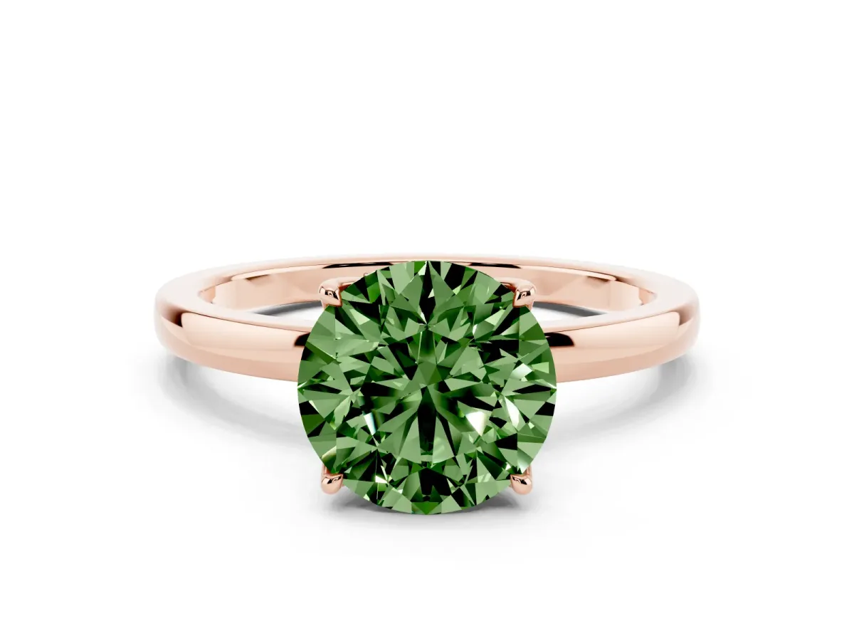Fancy Green Round Cut Diamond Solitaire Ring with Thin Band and Prong Setting Rose gold