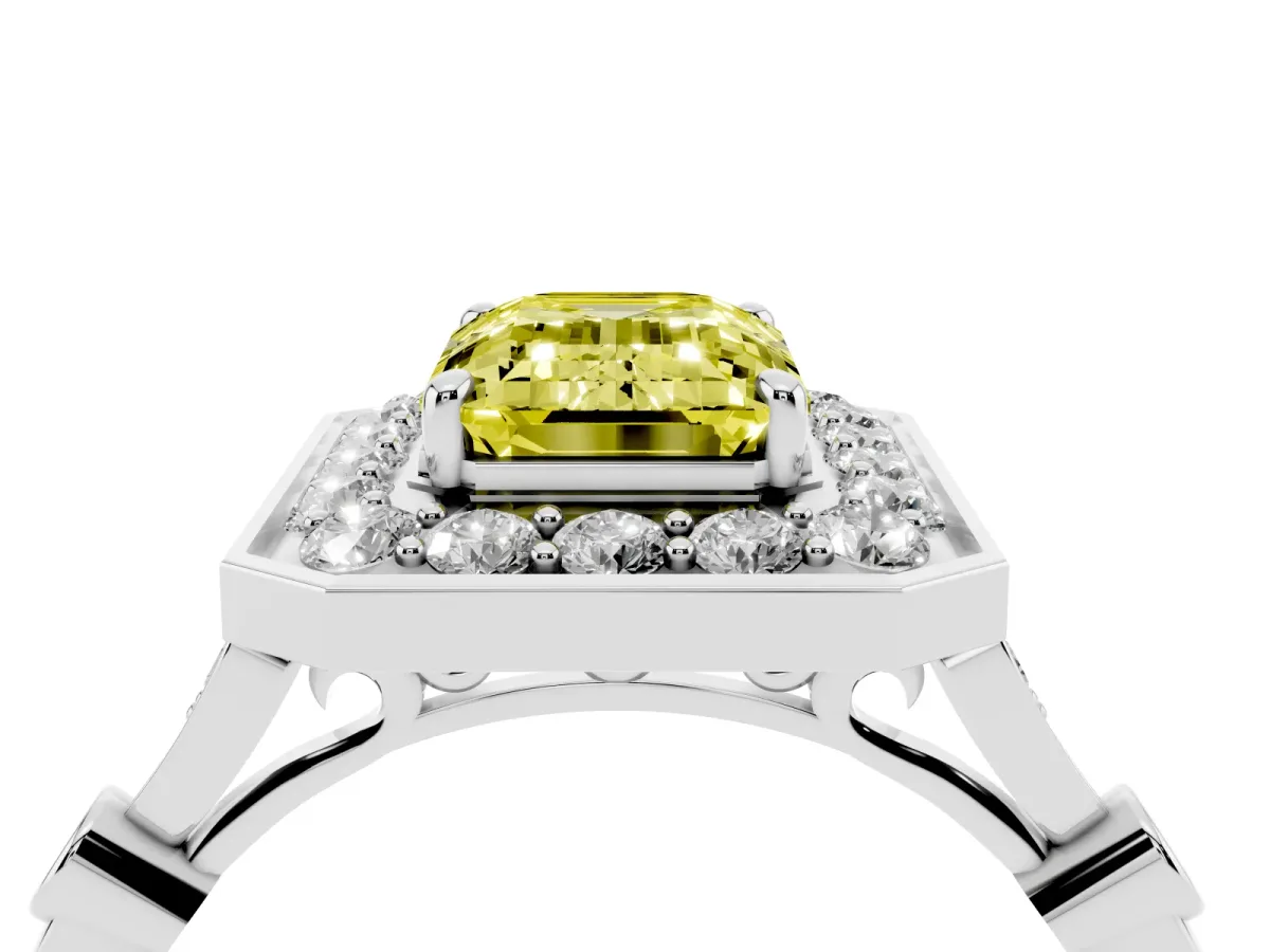 Fancy Yellow Emerald Cut Halo Diamond Engagement Ring with Twisted Band and Four-Prong Setting Platinum