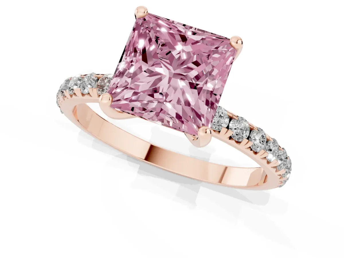 Fancy Pink Princess Cut Cut Diamond Solitaire Ring with Micro Pave Band and Four Prong Setting Rose gold