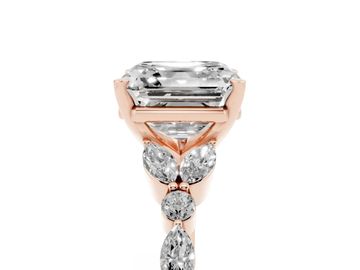 Asscher Cut Diamond Solitaire Ring with Side Stones and Four-Prong Setting Rose gold