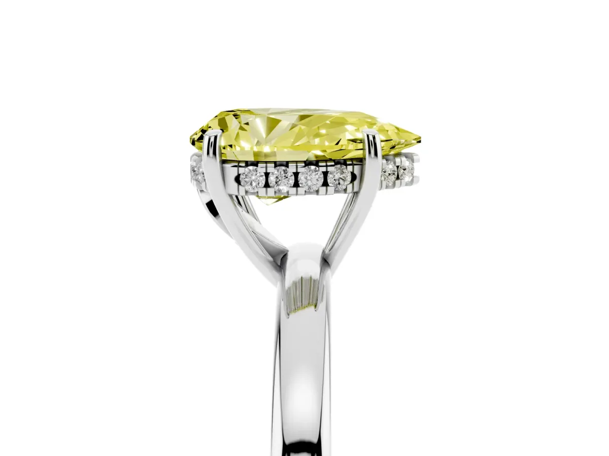 Fancy Yellow Pear Cut Solitaire Diamond Ring with Prong Setting and Plain Band Platinum