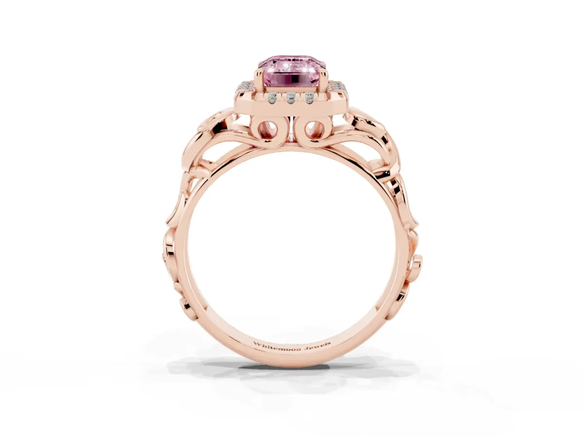 Fancy Pink Emerald Cut Cut Halo Diamond Ring with Scrollwork Band and Four-Prong Setting Rose gold