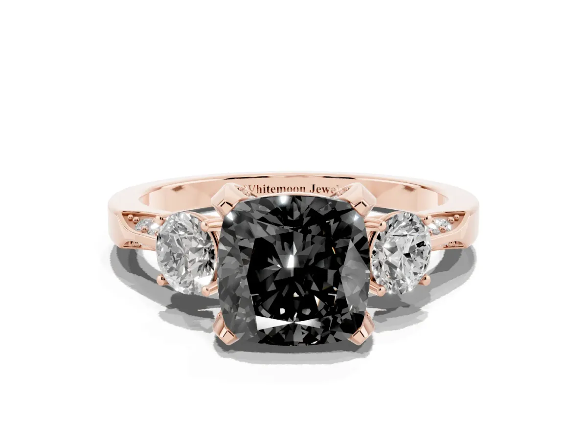 Fancy Black Cushion Cut Brilliant Three-Stone Diamond Ring with Pavé Band and Four-Prong Setting Rose gold
