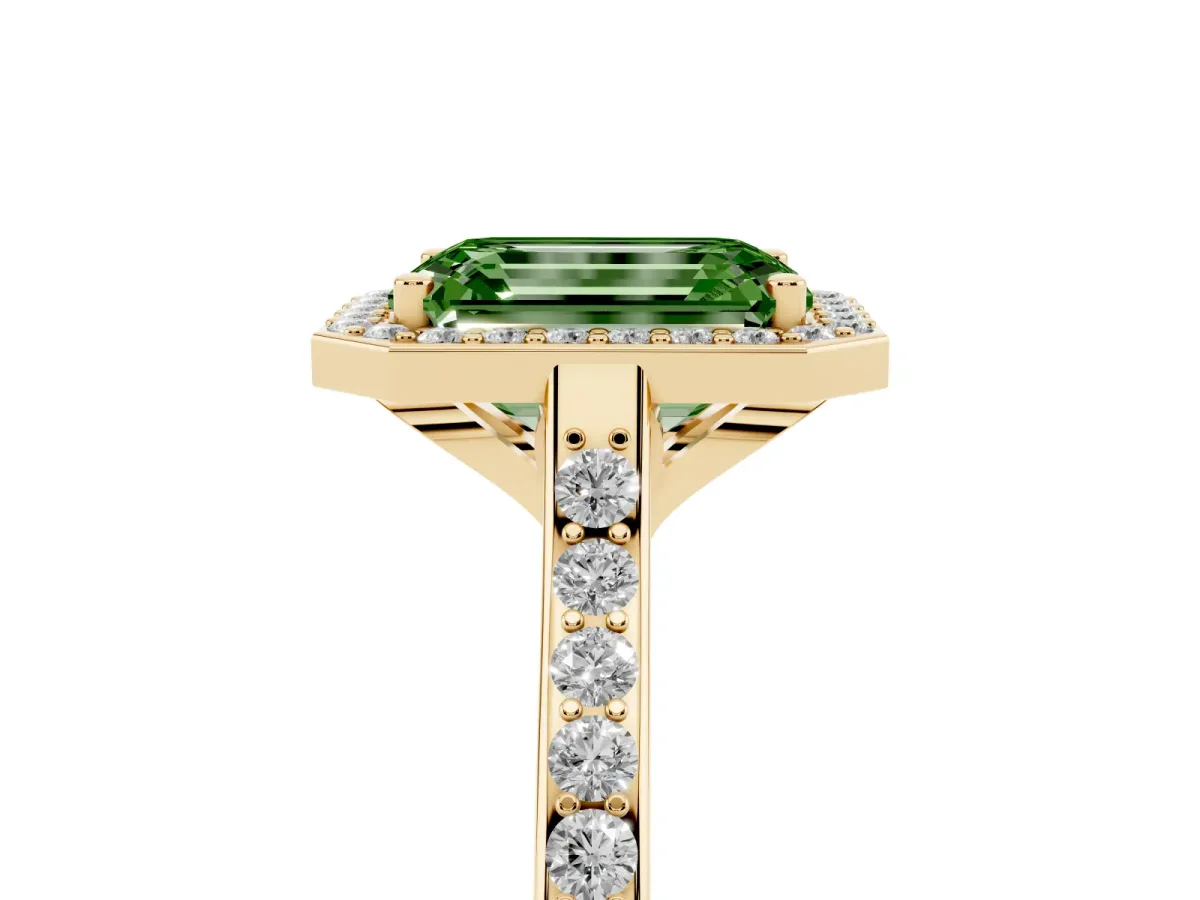 Fancy Green Emerald Cut Diamond Halo Engagement Ring with Round Pavé Shoulders and Prong Setting Yellow gold