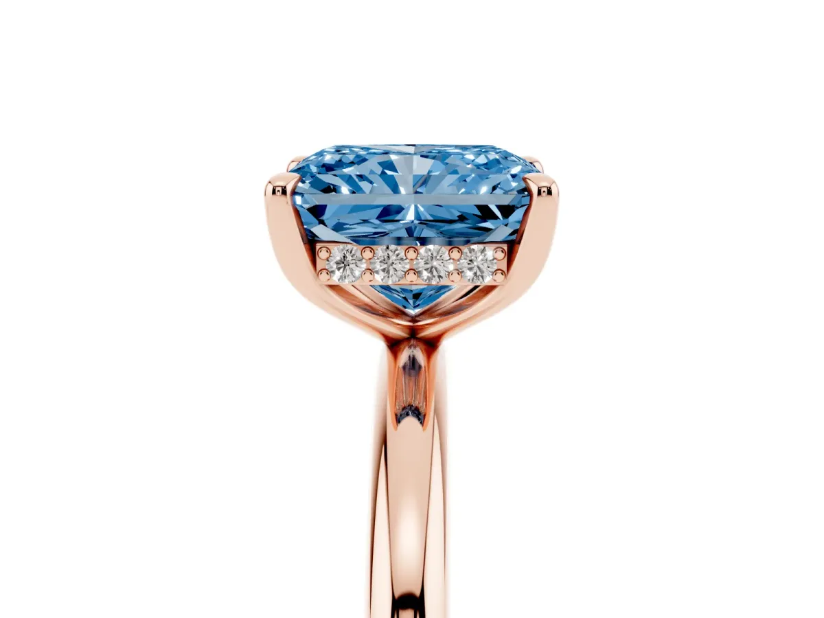 Fancy Blue Radiant Cut Diamond Solitaire Ring with Thin Band and Four-Prong Setting Rose gold