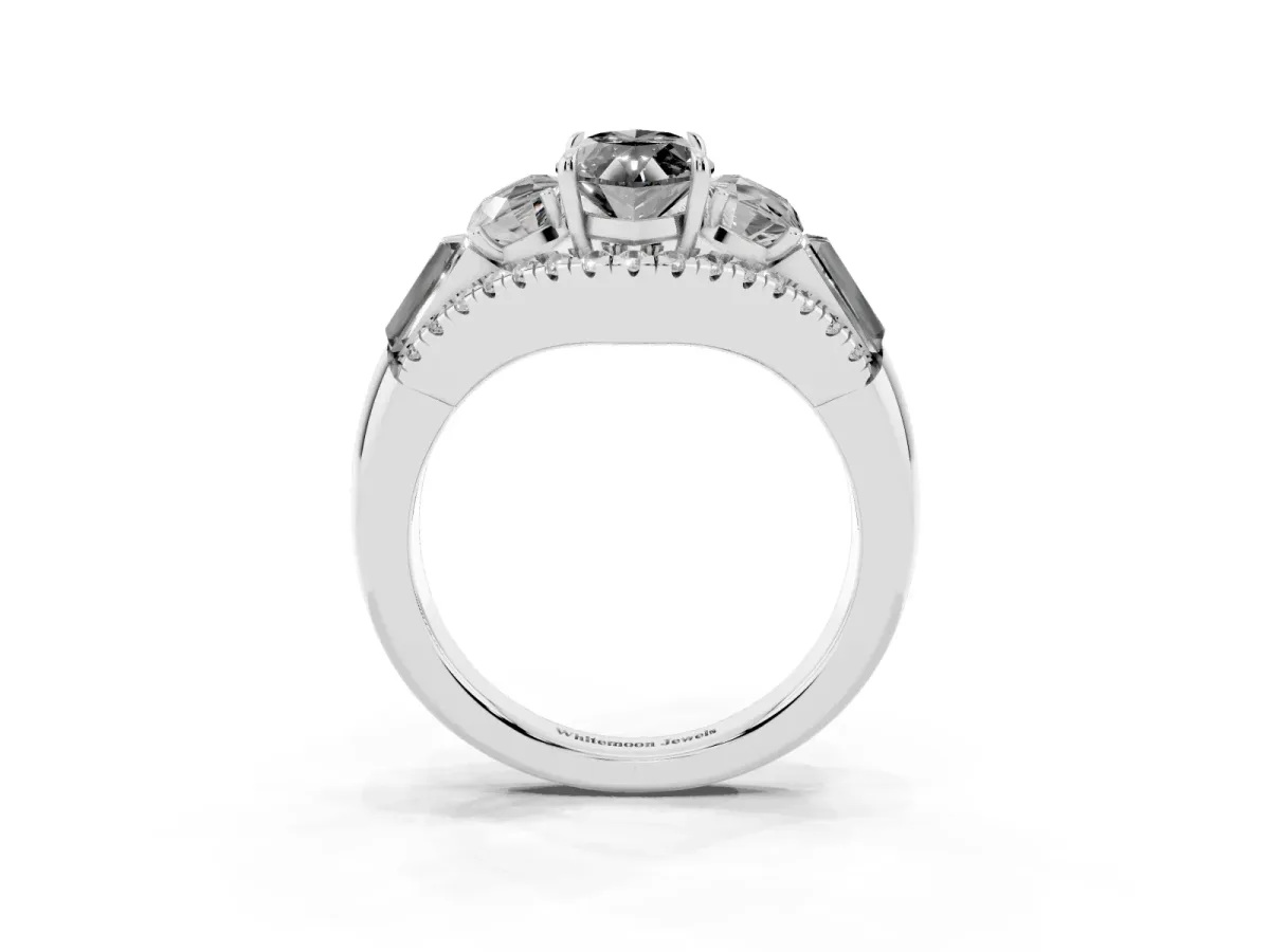 Fancy Black Three-Stone Marquise Cut Diamond Engagement Ring with Pave Band and Prong Setting Silver