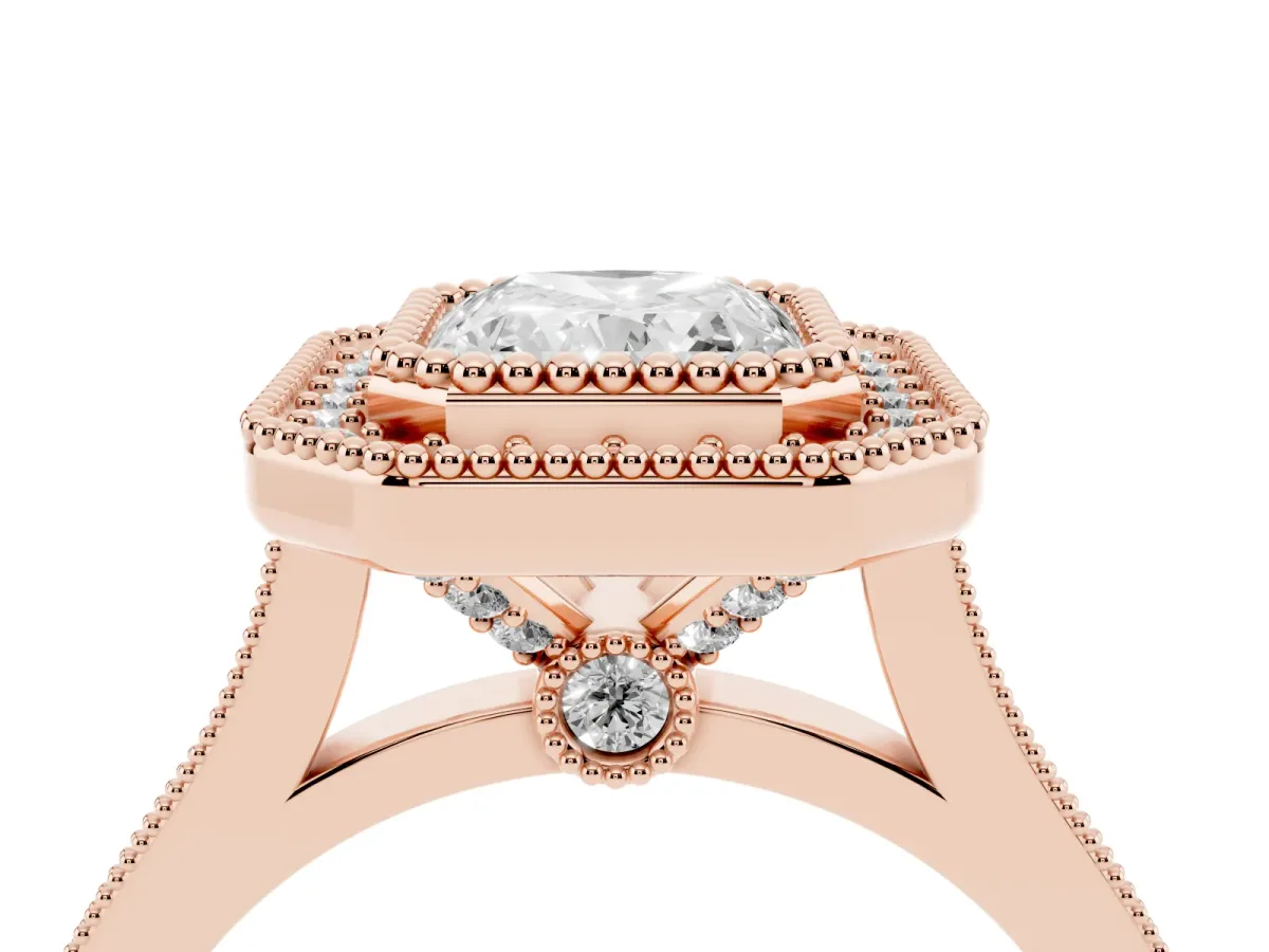 Radiant Cut Diamond Halo Ring with Milgrain Frame and Pavé Band Rose gold