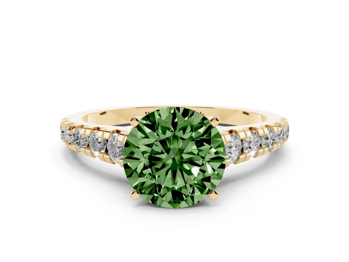 Fancy Green Round Cut Diamond Cathedral Solitaire Ring with Round Pavé Band Yellow gold