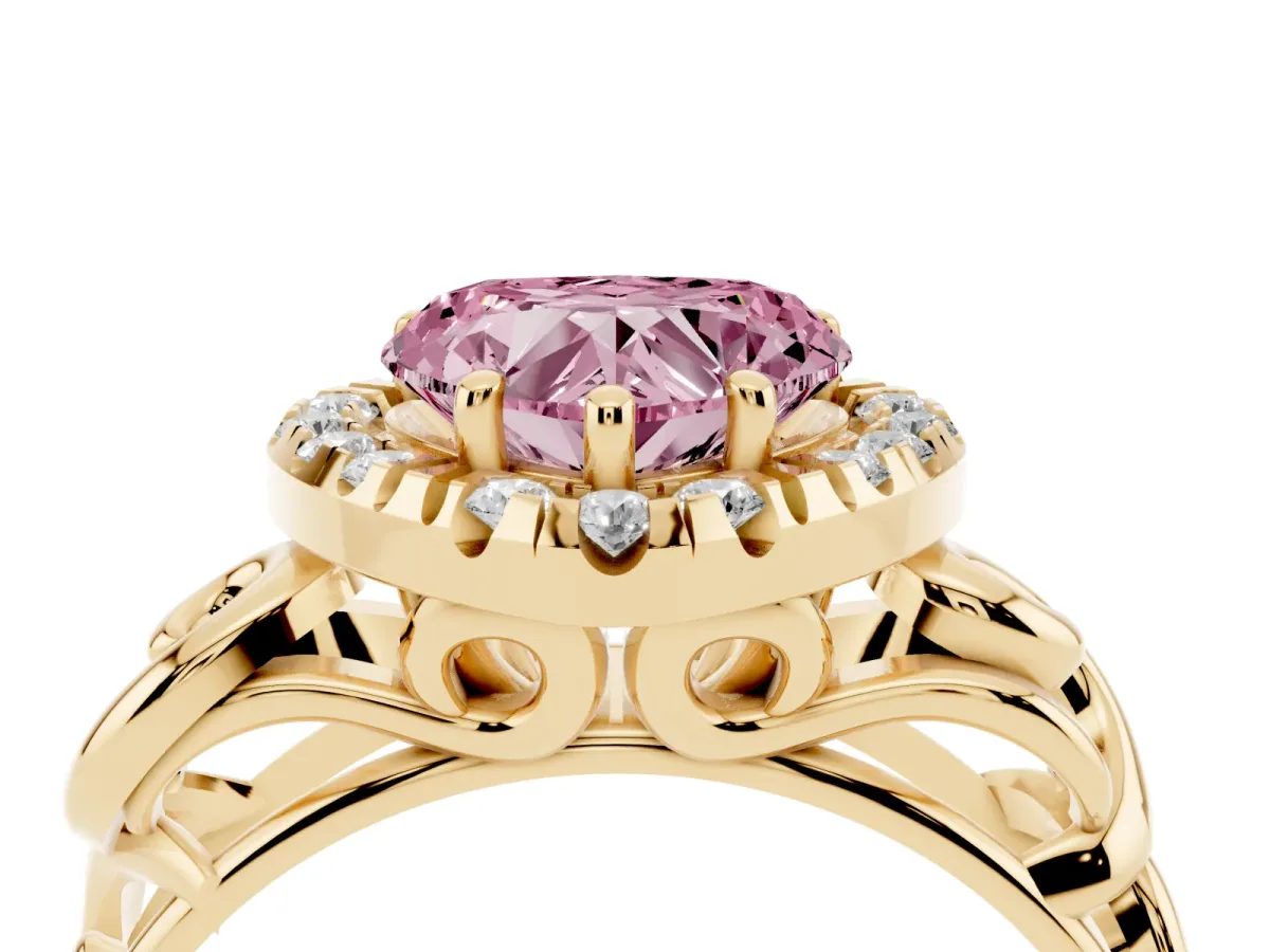 Fancy Pink Heart Cut Cut Halo Diamond Ring with Scrollwork Band and Four-Prong Setting Yellow gold