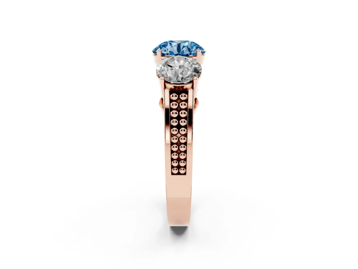 Fancy Blue Round Cut Diamond Three-Stone Ring with Prong Setting and Textured Band Rose gold